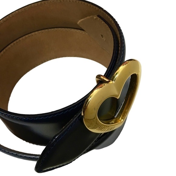 MOSCHINO Vintage Heart Buckle Belt All Genuine Leather Navy Gold Size 40 *FLAW* main image 11